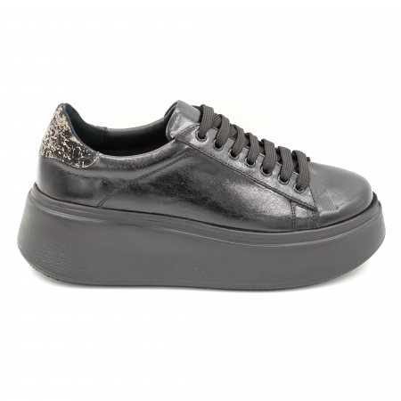 Lichidare stocuri - Pantofi dama tip adidas din piele naturala neagra si cu imprimeu cu varf rotund si talpa inalta 5 cm 63021-24