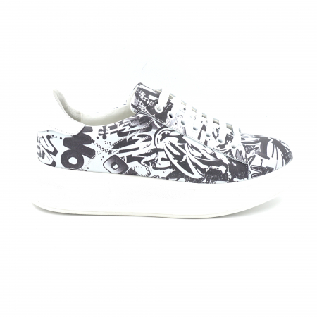 Pantofi casual & sport dama - Pantofi dama tip adidas din piele naturala imprimeu alb cu negru cu varf rotund si talpa 4 cm 63021-4-24