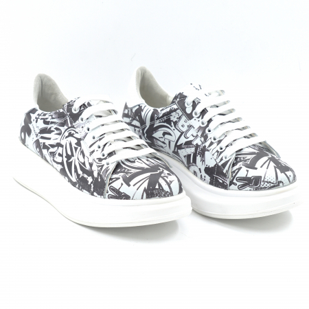 Pantofi dama tip adidas din piele naturala imprimeu alb cu negru cu varf rotund si talpa 4 cm 63021-4-24 [3]