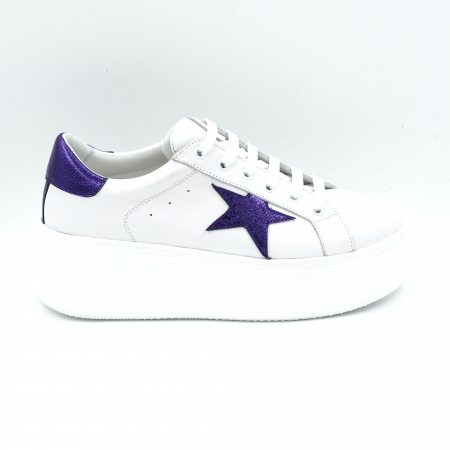 Pantofi casual & sport dama - Pantofi dama tip adidas din piele naturala alba si mov metalizat cu varf rotund si talpa de 5 cm 54621-25
