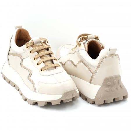 Pantofi dama tip adidas  din piele naturala  bej deschis si auriu cu varf rotund si talpa 3 cm 55721-24 [3]