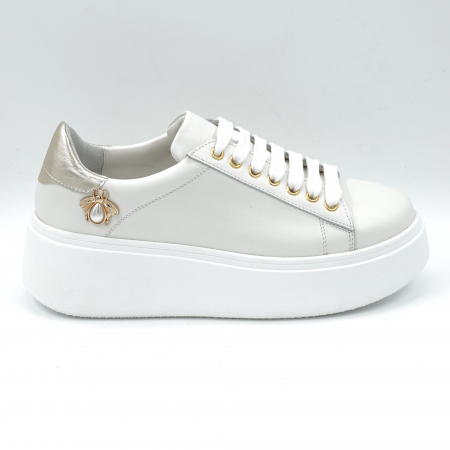Pantofi casual & sport dama - Pantofi dama tip adidas din piele naturala alba si aurie cu varf rotund si talpa inalta 6 cm 62821-24