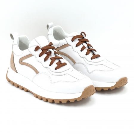 Pantofi dama tip adidas din piele naturala alb si bej inchis cu varf rotund si talpa de 3 cm  52121-25 [2]