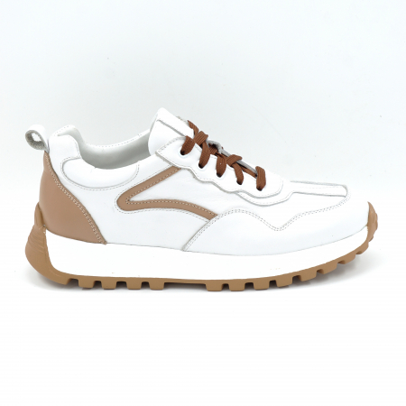 Pantofi casual & sport dama - Pantofi dama tip adidas din piele naturala alb si bej inchis cu varf rotund si talpa de 3 cm  52121-25