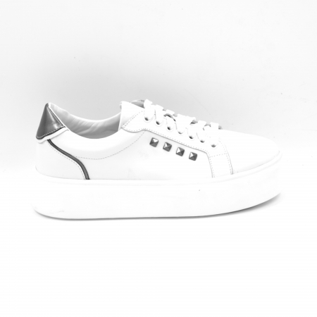 Pantofi casual & sport dama - Pantofi dama tip adidas din piele naturala alba si argintie cu varf rotund si talpa de 3 cm 64521-25