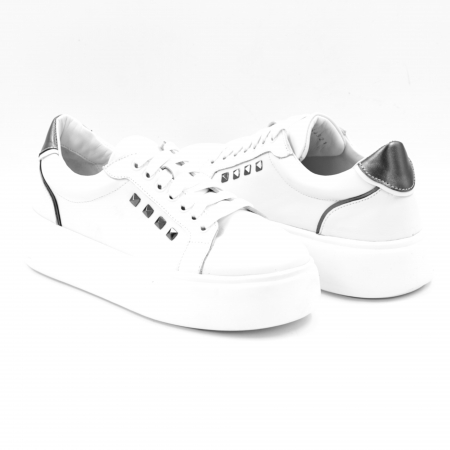 Pantofi dama tip adidas din piele naturala alba si argintie cu varf rotund si talpa de 3 cm 64521-25 [2]