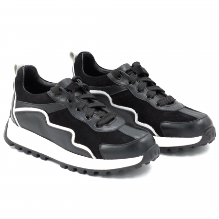 Pantofi dama tip adidas din piele naturala neagra si alba cu varf rotund si talpa de 3 cm 55721-25 [2]