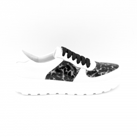 Pantofi casual & sport dama - Pantofi dama tip adidas din piele naturala alba si lacuita cu imprimeu animal print cu varf rotund si talpa de 3 cm 63820-25