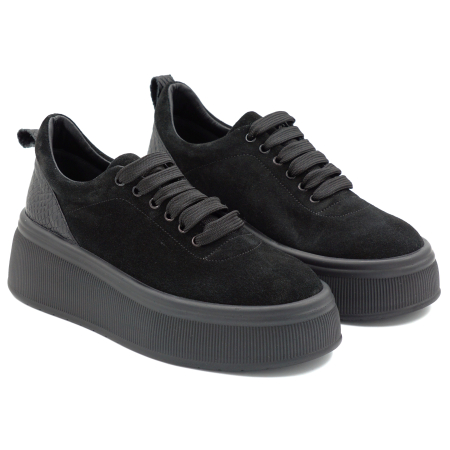 Pantofi dama casual din piele naturala intoarsa neagra cu varf rotund si talpa de 5 cm 56620-25 [2]
