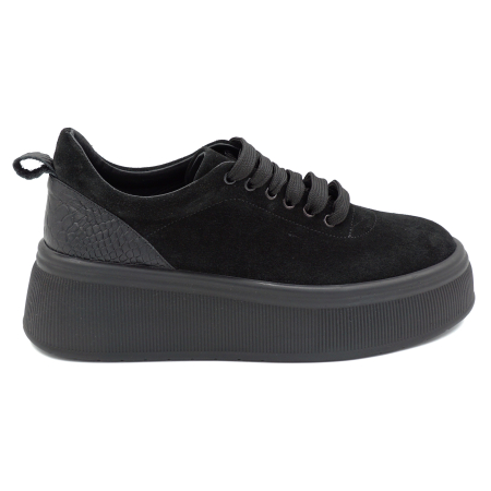 Pantofi dama - Pantofi dama casual din piele naturala intoarsa neagra cu varf rotund si talpa de 5 cm 56620-25