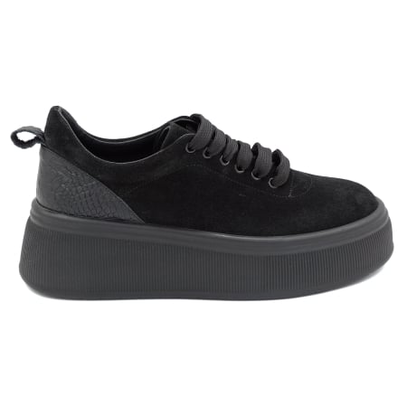 Pantofi dama - Pantofi dama casual din piele naturala intoarsa neagra cu varf rotund si talpa de 5 cm 56620-25