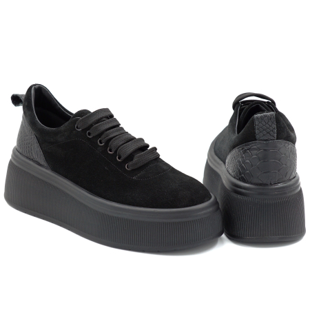 Pantofi dama casual din piele naturala intoarsa neagra cu varf rotund si talpa de 5 cm 56620-25 [4]