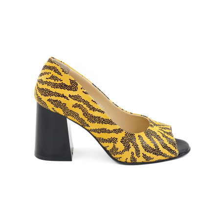 Lichidare stocuri - Pantofi decupati dama din piele naturala galben mustar cu imprimeu negru, cu varf rotund si toc mediu gros de 8 cm 1027-26