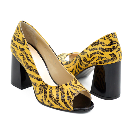 Pantofi decupati dama din piele naturala galben mustar cu imprimeu negru, cu varf rotund si toc mediu gros de 8 cm 1027-26 [3]
