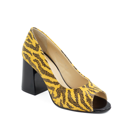 Pantofi decupati dama din piele naturala galben mustar cu imprimeu negru, cu varf rotund si toc mediu gros de 8 cm 1027-26 [1]
