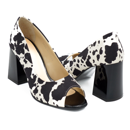 Pantofi decupati dama din piele naturala alba cu imprimeu pete negre, cu varf rotund si toc mediu gros de 8 cm 1027-2-26 [3]