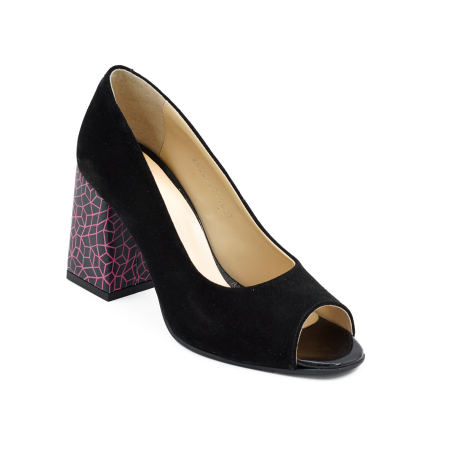 Pantofi decupati dama din piele naturala intoarsa neagra si cu imprimeu fucsia, cu varf rotund si toc mediu gros imbracat de 8 cm 1027-1-26 [1]