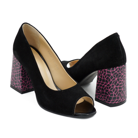 Pantofi decupati dama din piele naturala intoarsa neagra si cu imprimeu fucsia, cu varf rotund si toc mediu gros imbracat de 8 cm 1027-1-26 [3]