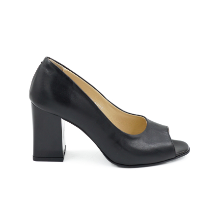 Lichidare stocuri - Pantofi decupati dama din piele naturala neagra, cu varf rotund si toc mediu gros de 8 cm 1027-5-26