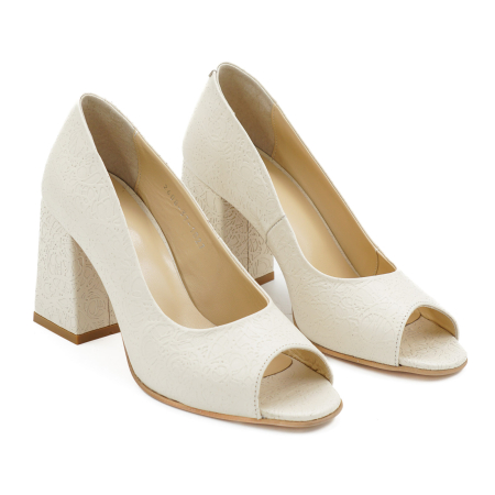 Pantofi decupati dama din piele naturala nude bej cu imprimeu brodat, cu varf rotund si toc mediu gros imbracat de 8 cm 1027-3-26 [2]