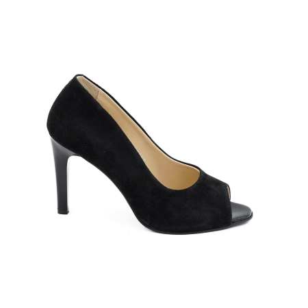 Sandale elegant & office dama - Pantofi decupati dama din piele naturala intoarsa neagra, cu varf rotund si toc inalt subtire de 9 cm 1027-4-26