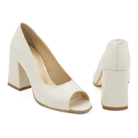 Pantofi decupati dama din piele naturala nude bej cu imprimeu brodat, cu varf rotund si toc mediu gros imbracat de 8 cm 1027-3-26 [4]