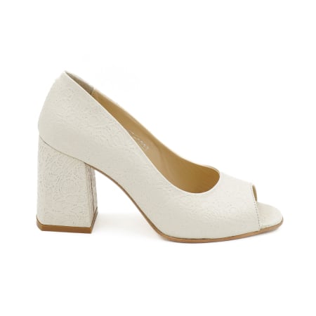 Dama - Pantofi decupati dama din piele naturala nude bej cu imprimeu brodat, cu varf rotund si toc mediu gros imbracat de 8 cm 1027-3-26