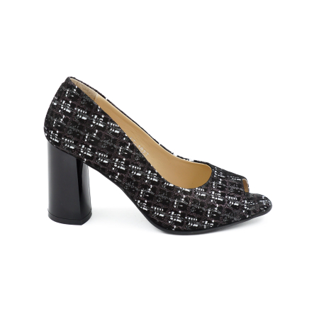 Sandale damă - Pantofi decupati dama din piele naturala neagra cu imprimeu, cu varf rotund si toc mediu gros de 8 cm 1027-8-26