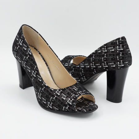 Pantofi decupati dama din piele naturala neagra cu imprimeu, cu varf rotund si toc mediu gros de 8 cm 1027-9-26 [3]