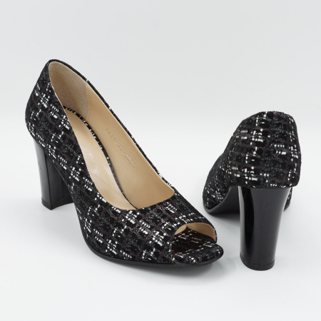 Pantofi decupati dama din piele naturala neagra cu imprimeu, cu varf rotund si toc mediu gros de 8 cm 1027-9-26 [4]