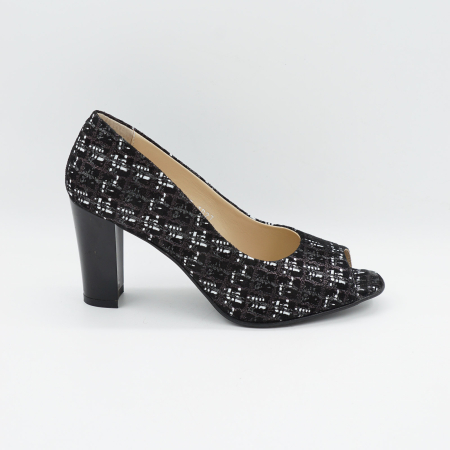 Pantofi decupati dama din piele naturala neagra cu imprimeu, cu varf rotund si toc mediu gros de 8 cm 1027-9-26 [0]