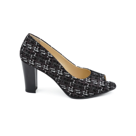 Sandale damă - Pantofi decupati dama din piele naturala neagra cu imprimeu, cu varf rotund si toc mediu gros de 8 cm 1027-9-26