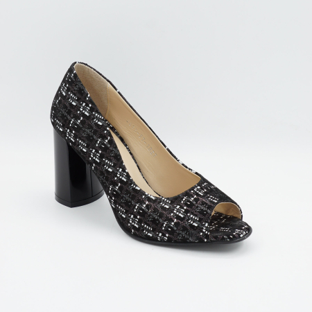 Pantofi decupati dama din piele naturala neagra cu imprimeu, cu varf rotund si toc mediu gros de 8 cm 1027-8-26 [1]