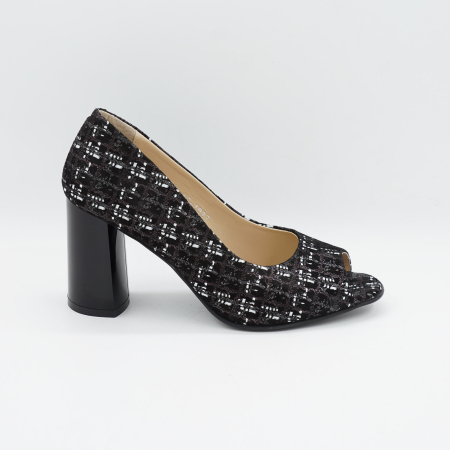Pantofi decupati dama din piele naturala neagra cu imprimeu, cu varf rotund si toc mediu gros de 8 cm 1027-8-26 [0]