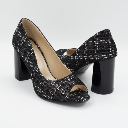 Pantofi decupati dama din piele naturala neagra cu imprimeu, cu varf rotund si toc mediu gros de 8 cm 1027-8-26 [3]