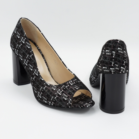 Pantofi decupati dama din piele naturala neagra cu imprimeu, cu varf rotund si toc mediu gros de 8 cm 1027-8-26 [4]