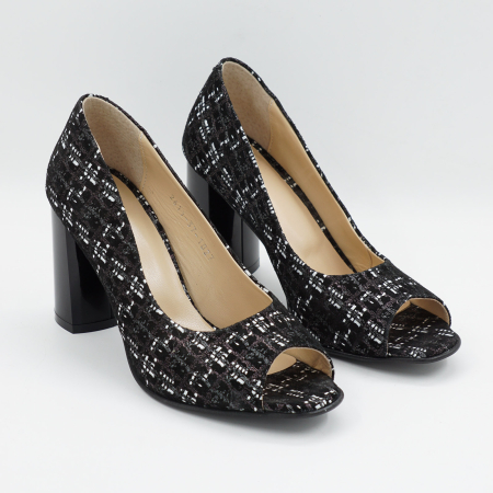 Pantofi decupati dama din piele naturala neagra cu imprimeu, cu varf rotund si toc mediu gros de 8 cm 1027-8-26 [2]
