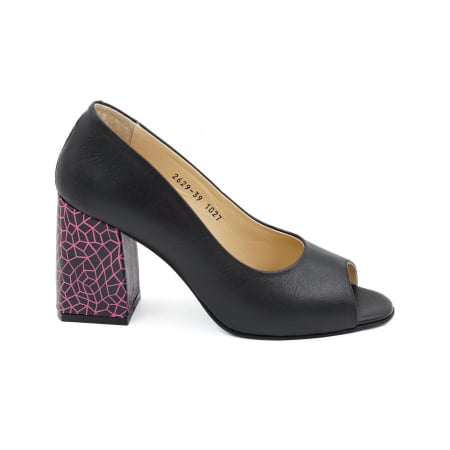 Sandale elegant & office dama - Pantofi decupati dama din piele naturala neagra, cu varf rotund si toc mediu gros imbracat de 8 cm 1027-7-26
