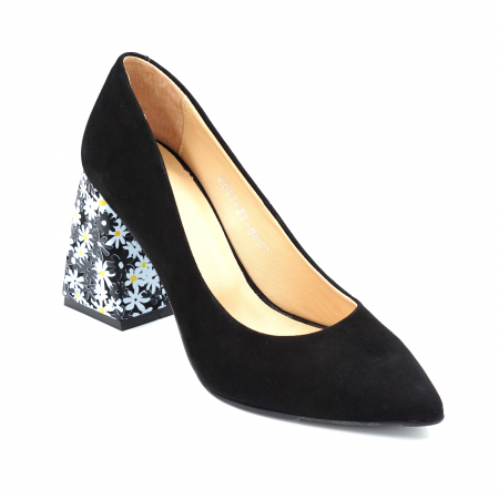 Pantofi din piele naturala intoarsa neagra si cu imrpimeu floral cu varf ascutit stileto si toc mediu gros imbracat 8 cm 8057-7-24 [1]