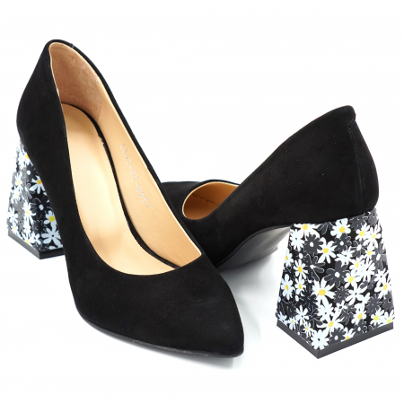 Pantofi din piele naturala intoarsa neagra si cu imrpimeu floral cu varf ascutit stileto si toc mediu gros imbracat 8 cm 8057-7-24 [3]