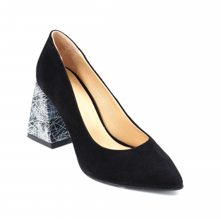 Pantofi din piele naturala intoarsa neagra si cu imprimeu argintiu cu varf ascutit stileto si toc mediu gros imbracat 8 cm 8057-8-24 [1]