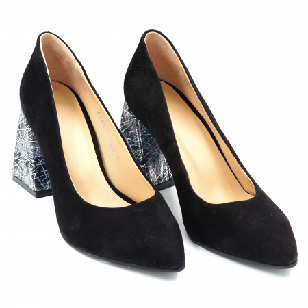 Pantofi din piele naturala intoarsa neagra si cu imprimeu argintiu cu varf ascutit stileto si toc mediu gros imbracat 8 cm 8057-8-24 [2]