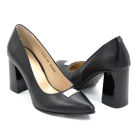 Lichidare stocuri - Pantofi din piele naturala neagra cu varf ascutit stiletto si toc mediu gros de 8 cm 54325-2-25