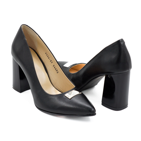 Pantofi elegant & office dama - Pantofi din piele naturala neagra cu varf ascutit stiletto si toc mediu gros de 8 cm 54325-2-25