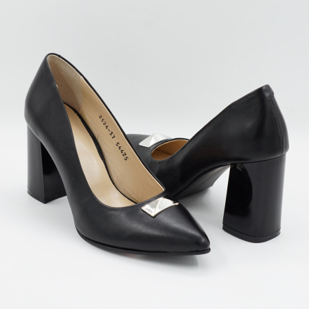 Lichidare stocuri - Pantofi din piele naturala neagra, cu varf ascutit stiletto si toc mediu gros de 8 cm 54325-2-25