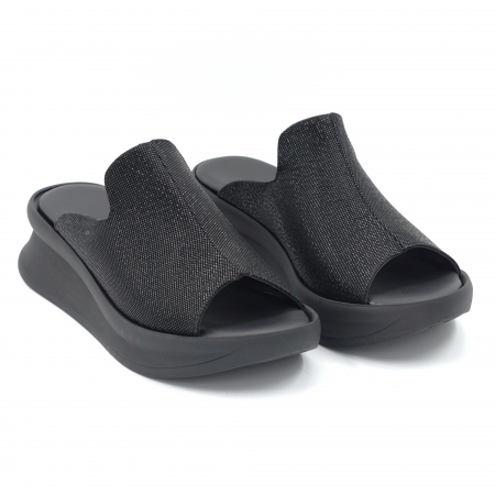 Papuci dama din piele naturala neagra cu imprimeu cu varf rotund si talpa inalta 5 cm 1120-1-24 [3]