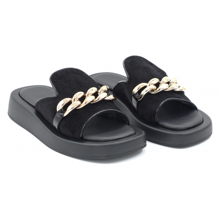 Sandale casual & sport dama - Papuci dama din piele naturala intoarsa neagra cu varf rotund si talpa 4 cm  11620-24