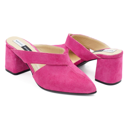 Sabot dama din piele naturala intoarsa roz fucsia, cu varf ascutit stileto si toc mic gros imbracat de 6 cm 2926-26 [3]