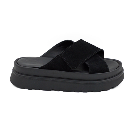 Sandale casual & sport dama - Sabot dama din piele naturala intoarsa neagra, cu varf rotund si talpa inalta 4 cm 0726-1-26