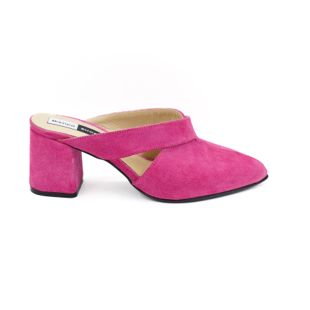 Sandale casual & sport dama - Sabot dama din piele naturala intoarsa roz fucsia, cu varf ascutit stileto si toc mic gros imbracat de 6 cm 2926-26